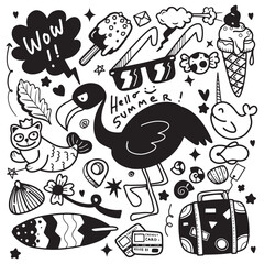 Summer Vibes in Whimsical Black and White Doodle, Illustration Vector.