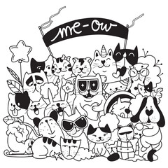 Whimsical Cat Doodle Gathering, Illustration Vector.