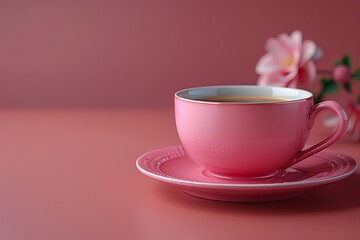 Pink Coffee Cup and Saucer on Table. Generative AI