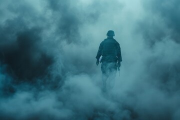 Soldier in military gear walking into fog