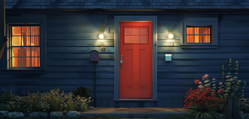 Night falls, navy blue exterior lit softly, coral door, and silver window accents glow under the...