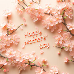 Delicate cherry blossoms surrounding "Happy Mother's Day" text, on a soft peach background, aspect ratio