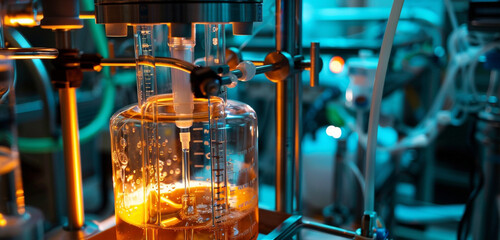 Detailed shot of a bioreactor and its tubing system, illuminated by a contrasting teal and orange...