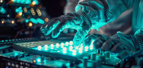 Detailed shot of space gloves pressing buttons on a scientific instrument that emits teal light...