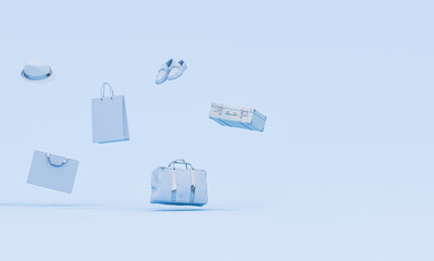 Women man fashion accessories bag, dress ,shoes, shirt, high heels, perfume, gift box in bag shopping on pastel blue background. Advertisement idea. Creative compositing. 3d render	