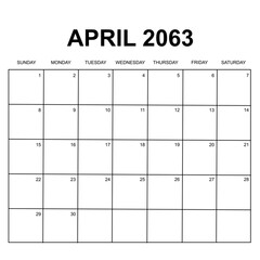 april 2063. monthly calendar design. week starts on sunday. printable, simple, and clean vector design isolated on white background.