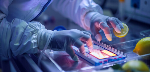 Detailed view of astronaut gloves calibrating a pH meter, lemon light on the display screen, hands...