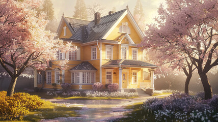 Dream of a quaint, symmetrical abode with soft yellow walls and white trims, a slate grey roof, under the gentle rays of dawn, flanked by twin cherry blossom trees - obrazy, fototapety, plakaty