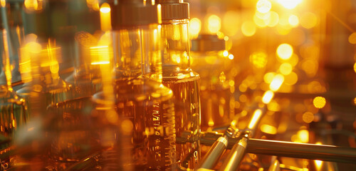 Dynamic shot of a bioreactor with tubes and bottles, cast under the shimmering light of a golden hour. Reflecting the golden opportunities in biotechnological advancements