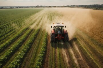 Fototapeta premium Tractor machine spraying pesticide fertilizer on soybean crop farmland. agriculture, farming and harvesting