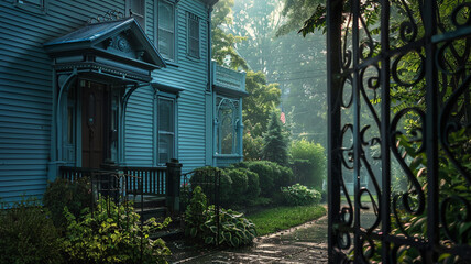 Early morning dew highlights the pastel blue siding of a Colonial Revival Cleveland house, with a...