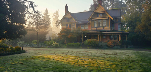 Early morning mist envelops a Victorian house in Lakewood, showcasing half-timbering with pastel...