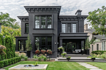 Elegant two-story traditional home, cloaked in a sleek anthracite black with gunmetal grey architectural features. The property boasts a minimalist garden, presenting a modern take on classic design