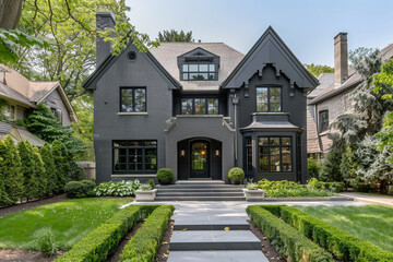 Elegant two-story traditional home, cloaked in a sleek anthracite black with gunmetal grey...