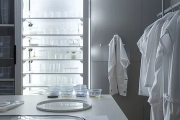 Fotobehang Glassware drying next to a stirred-tank bioreactor, petri dishes and pipettes laid out, hinting at a female scientist's ongoing experiment preparation. White lab coat implied, placed on a drying rack © Aaron Gallery  