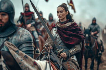 Obraz na płótnie Canvas Medieval Female Knight on Horseback with Army of Knights in Historical Armor