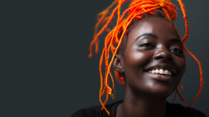 Lebendiges Lächeln in leuchtendem Orange:
Porträt einer schwarzen Frau mit strahlendem Lächeln und leuchtend orangefarbenen Dreadlocks. - obrazy, fototapety, plakaty