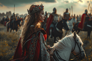 Medieval Female Knight on Horseback with Army of Knights in Historical Armor