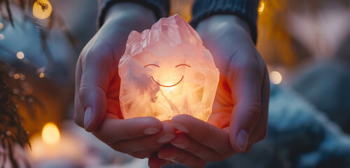 Hands holding a luminous, pink quartz crystal, its facets reflecting a perfect paper cut smiling face, symbolizing love and warmth in winter