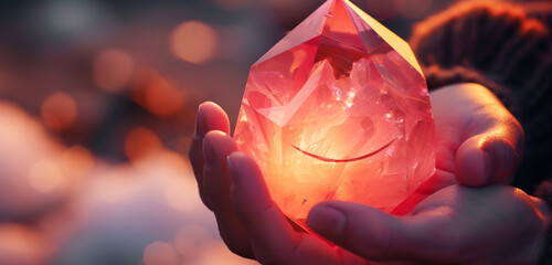 Hands holding a luminous, pink quartz crystal, its facets reflecting a perfect paper cut smiling face, symbolizing love and warmth in winter - obrazy, fototapety, plakaty