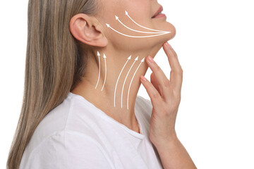Woman with perfect skin after cosmetic treatment on white background, closeup. Lifting arrows on her neck and face
