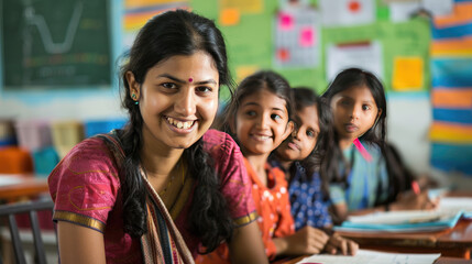 Fototapeta premium teacher Indian woman smiling in the classroom with their students