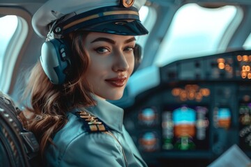 Female pilot in airplane cockpit with headphones - obrazy, fototapety, plakaty