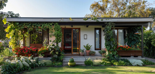 Delightful single-story dwelling with a uniform facade, flower boxes, and a private patio, surrounded by watermelon vines instead of kiwi vines