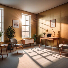 Modern Beautiful sunny Office or study, during morning and golden hour, for professional doctor, lawyer, dentist, or optometrist.