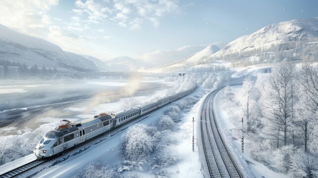 Illustration A red train travels through a winter landscape with snow. AI generated.