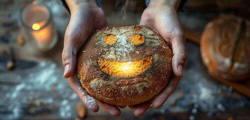 Hands presenting a perfect paper cut smiling face on a warm, steaming bread loaf, symbolizing the comforting and nourishing aspects of happiness - obrazy, fototapety, plakaty