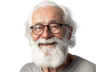 white bearded old man smiling, isolated on white background