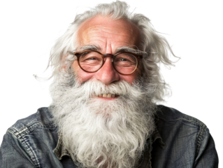 white bearded old man smiling, isolated on white background