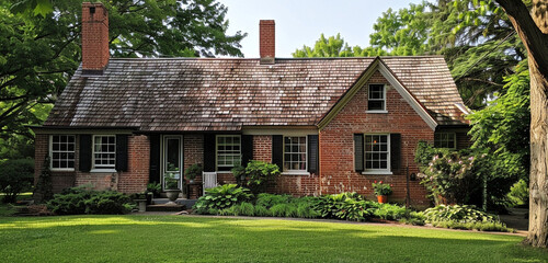 Exterior view of a quaint 19th-century brick cottage with a gable roof, located in a serene...