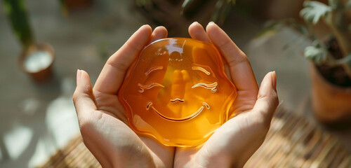 Hands tenderly holding a perfect paper cut smiling face on a warm, amber resin piece, its deep hues embodying the preserved joy and warmth of sunny days
