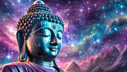 Peaceful Buddha among the galaxy, spiritual meditation background illustration

