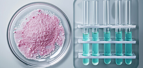 High-definition image of a petri dish containing fine pink powder next to a test tube rack with tubes filled with teal solution, isolated against a neutral grey backdrop - Powered by Adobe
