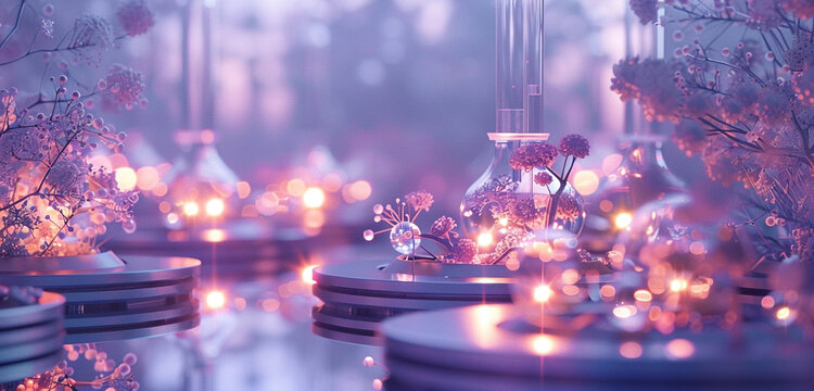 High-definition image capturing the complex network of a bioreactor setup under a serene lavender light. Showcasing the calm and meticulous nature of scientific work