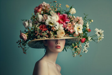 Portrait of a woman adorned with an extravagant hat blooming with colorful flowers - obrazy, fototapety, plakaty