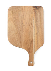 One wooden cutting board on white background, top view