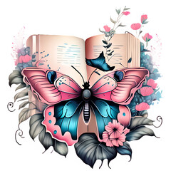 Old notebook with butterfly and flowers 