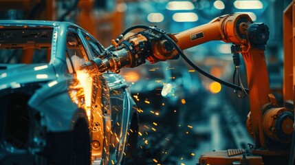 AI robot arm welding in a factory, assembling cars and in mass products - obrazy, fototapety, plakaty