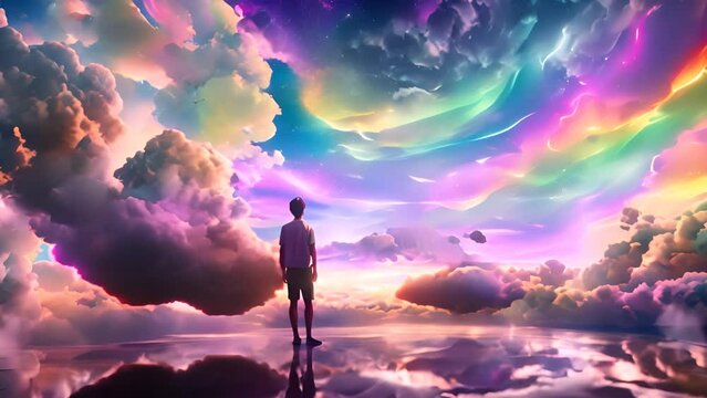 Child Gazing at Surreal Rainbow Sky with Ai generated.
