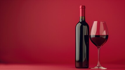 A sleek bottle and glass of red wine on a red backdrop