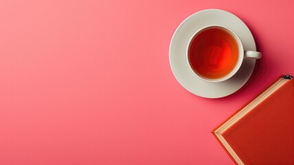 A cozy setting featuring a cup of tea and a red book against a vibrant pink background