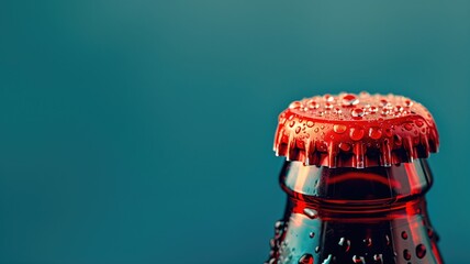 Macro shot of a red bottle cap with water droplets, against a teal background