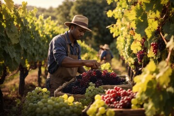 Grape farmer harvest grapes in the vineyard
