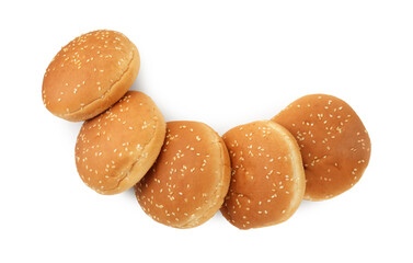Fresh hamburger buns isolated on white, top view