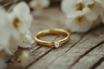 Obraz na płótnie Canvas Gold ring with diamond on a background of flowers