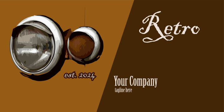 Round car headlights and turn indicators. Vintage Vector Illustration isolated on brown background